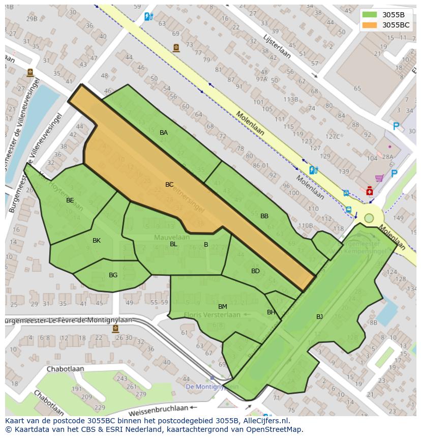 Afbeelding van het postcodegebied 3055 BC op de kaart.