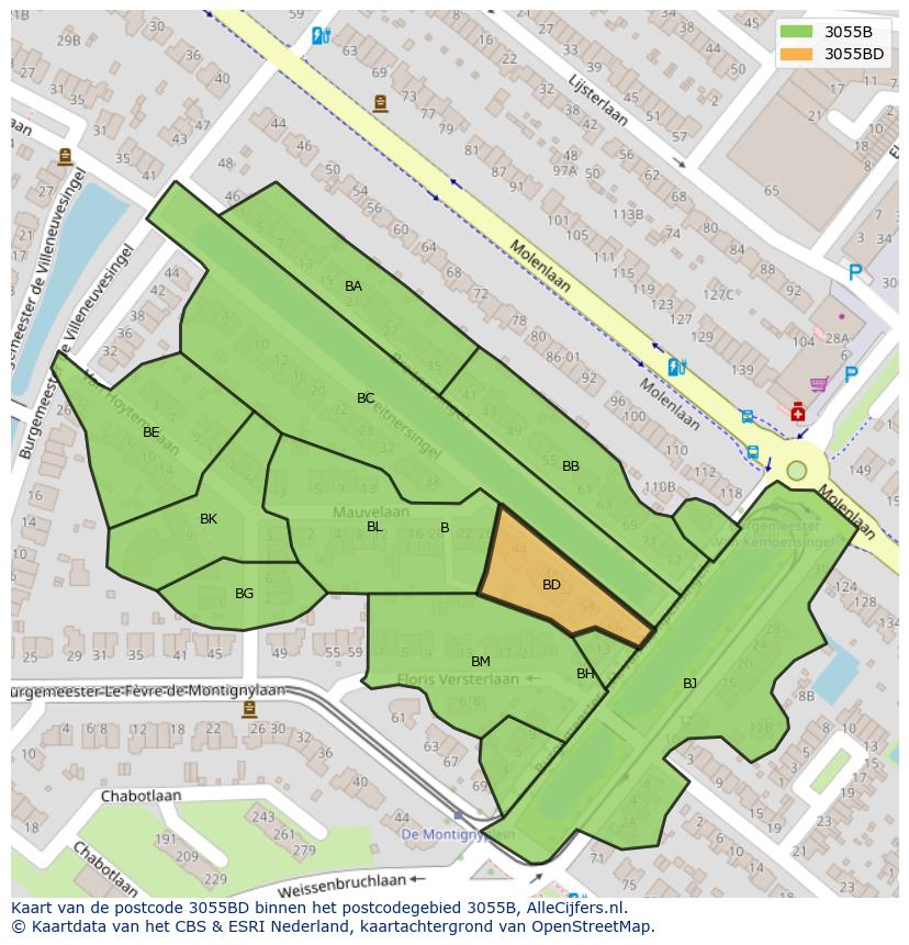 Afbeelding van het postcodegebied 3055 BD op de kaart.