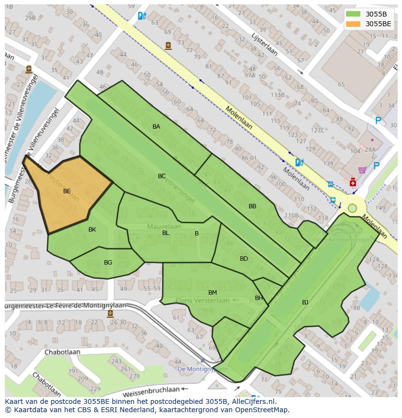 Afbeelding van het postcodegebied 3055 BE op de kaart.