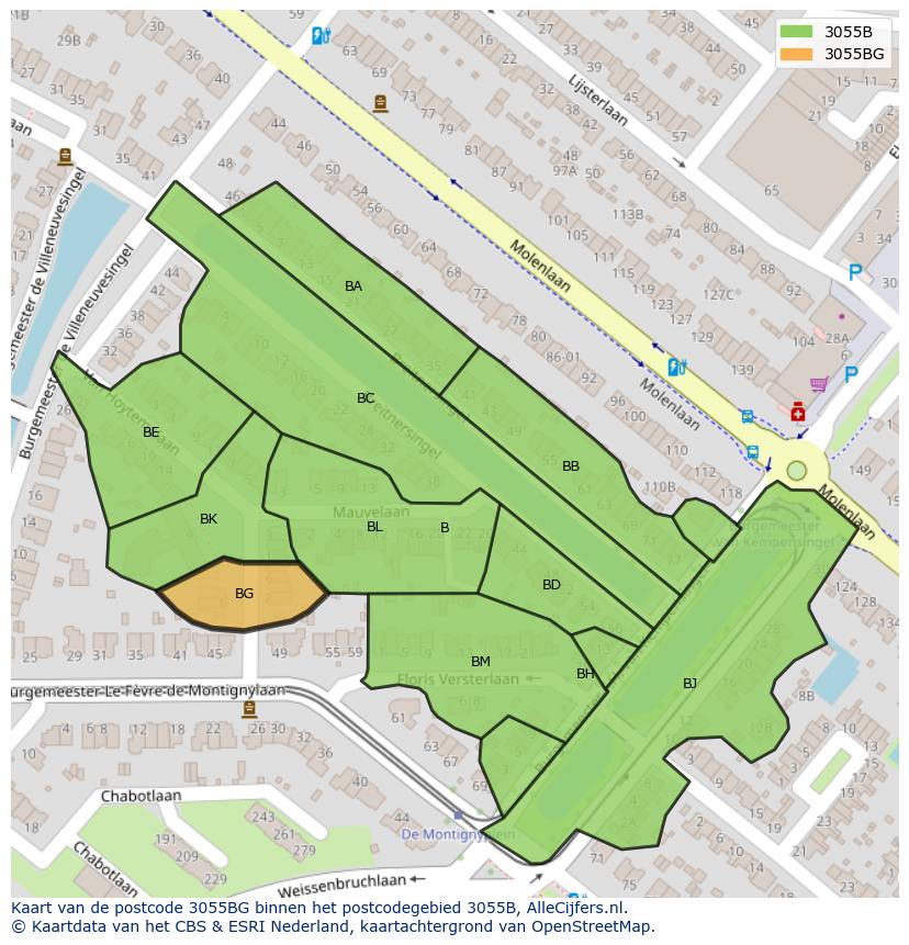 Afbeelding van het postcodegebied 3055 BG op de kaart.