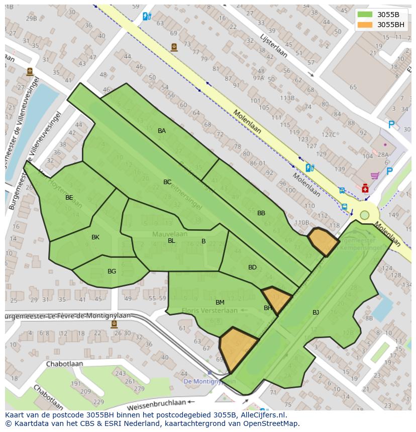 Afbeelding van het postcodegebied 3055 BH op de kaart.