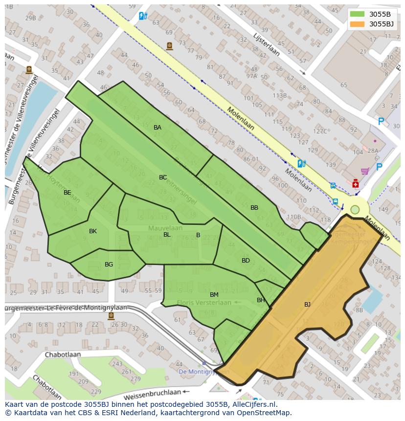 Afbeelding van het postcodegebied 3055 BJ op de kaart.