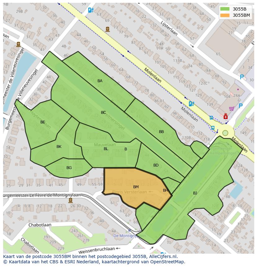 Afbeelding van het postcodegebied 3055 BM op de kaart.