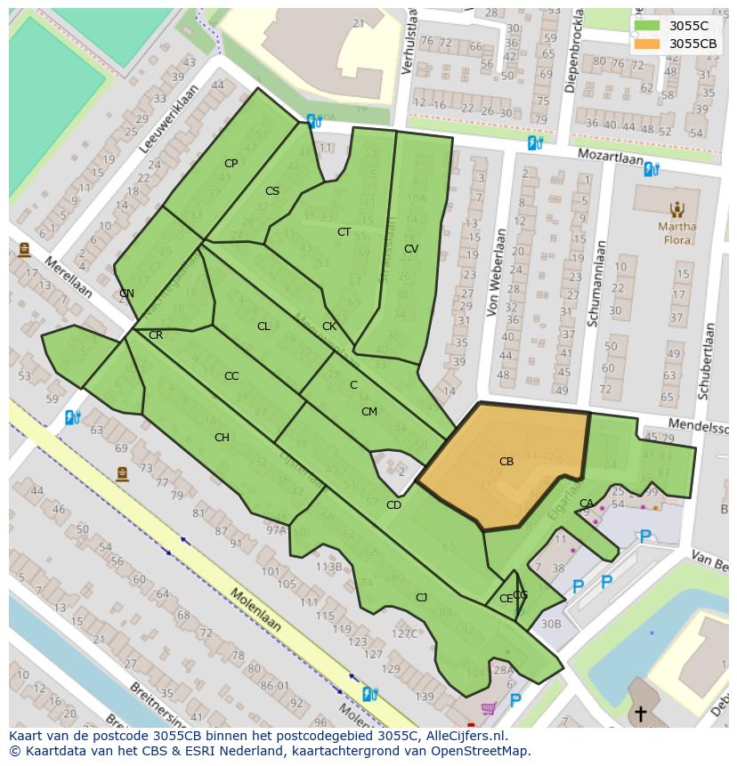 Afbeelding van het postcodegebied 3055 CB op de kaart.
