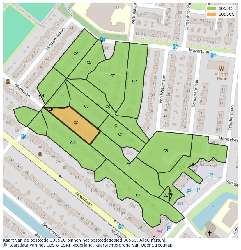 Afbeelding van het postcodegebied 3055 CC op de kaart.
