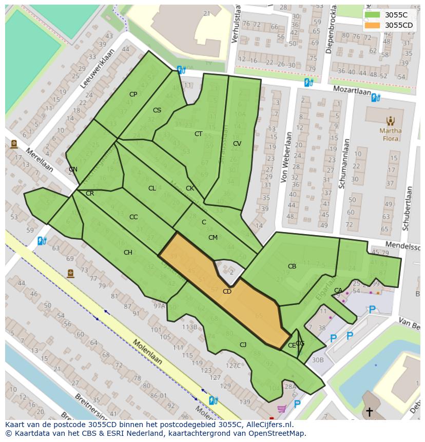 Afbeelding van het postcodegebied 3055 CD op de kaart.