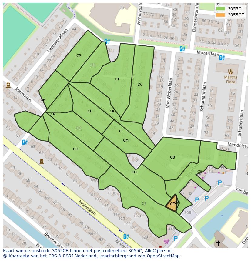 Afbeelding van het postcodegebied 3055 CE op de kaart.