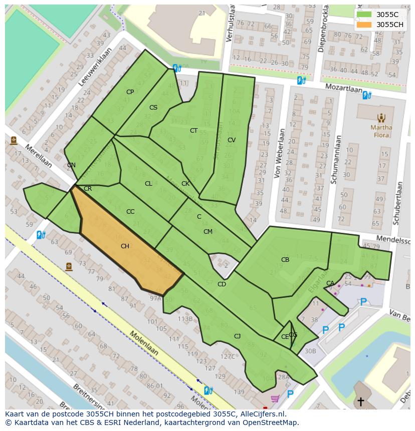 Afbeelding van het postcodegebied 3055 CH op de kaart.