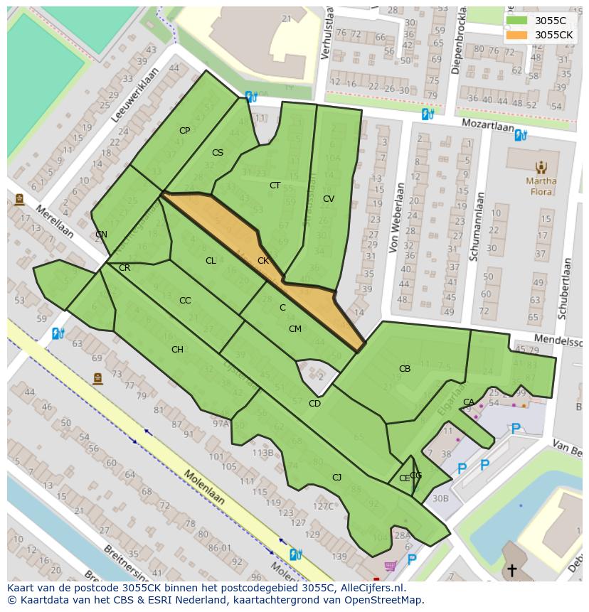 Afbeelding van het postcodegebied 3055 CK op de kaart.