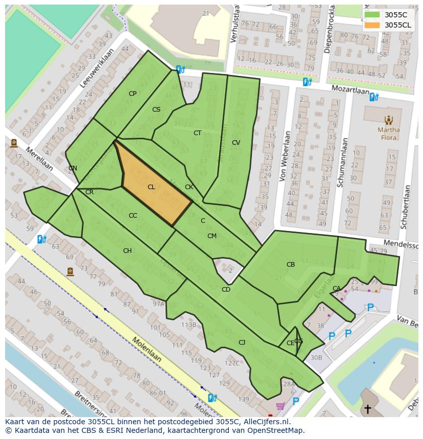 Afbeelding van het postcodegebied 3055 CL op de kaart.