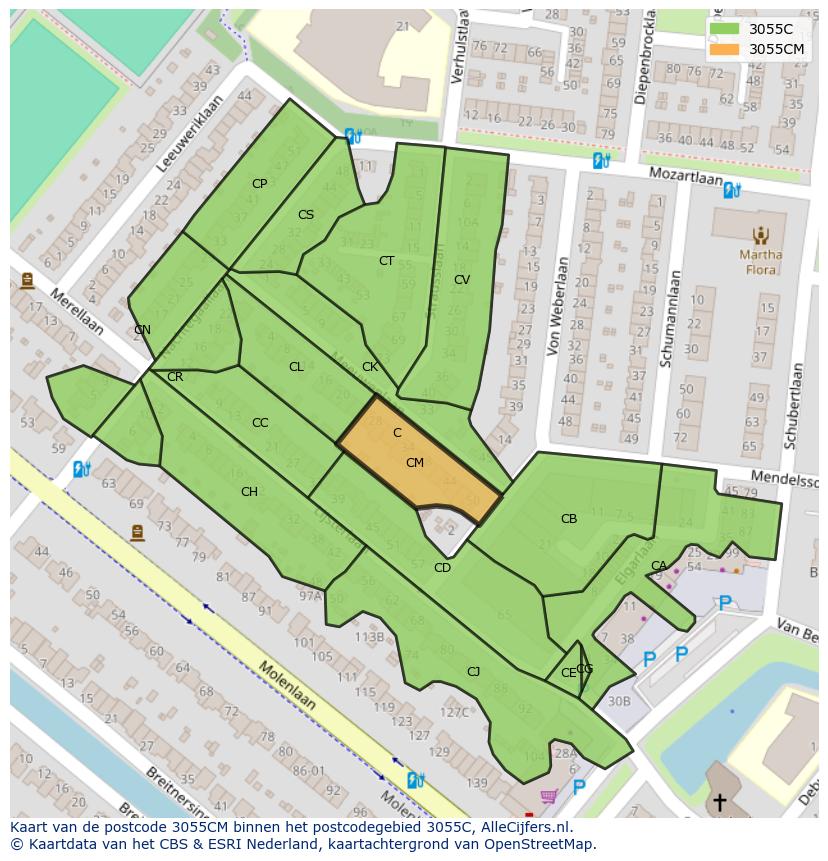 Afbeelding van het postcodegebied 3055 CM op de kaart.
