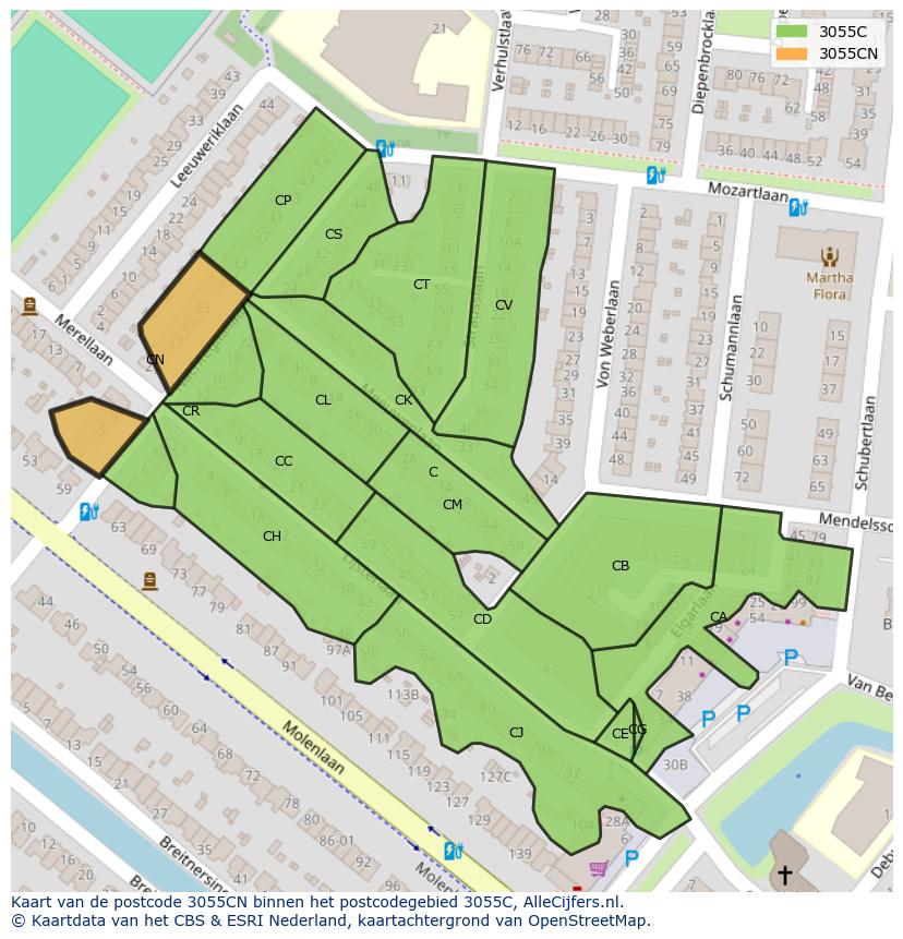 Afbeelding van het postcodegebied 3055 CN op de kaart.
