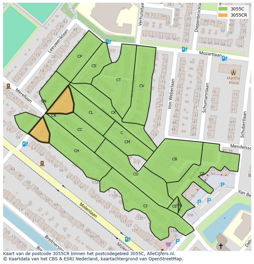 Afbeelding van het postcodegebied 3055 CR op de kaart.