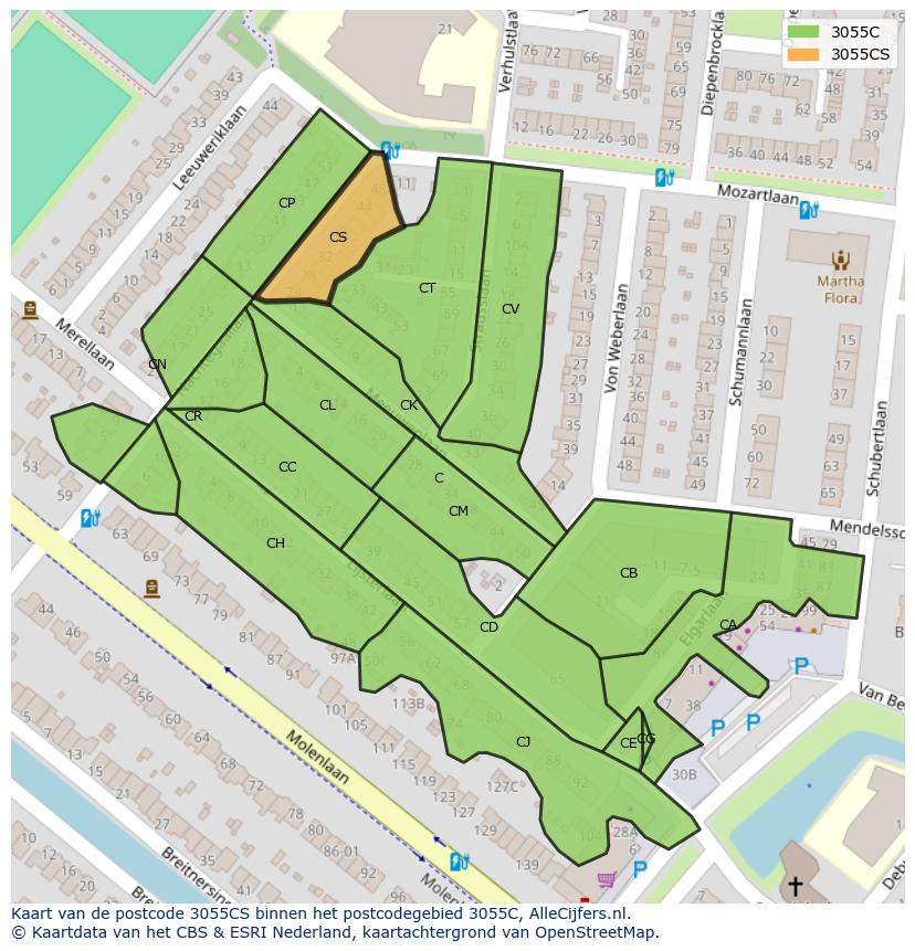 Afbeelding van het postcodegebied 3055 CS op de kaart.