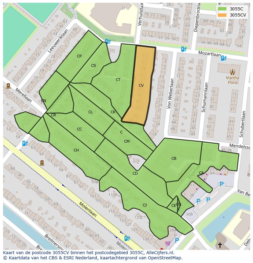 Afbeelding van het postcodegebied 3055 CV op de kaart.