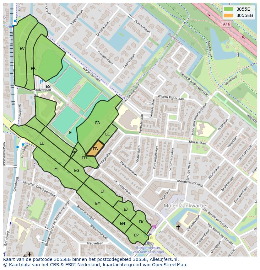 Afbeelding van het postcodegebied 3055 EB op de kaart.