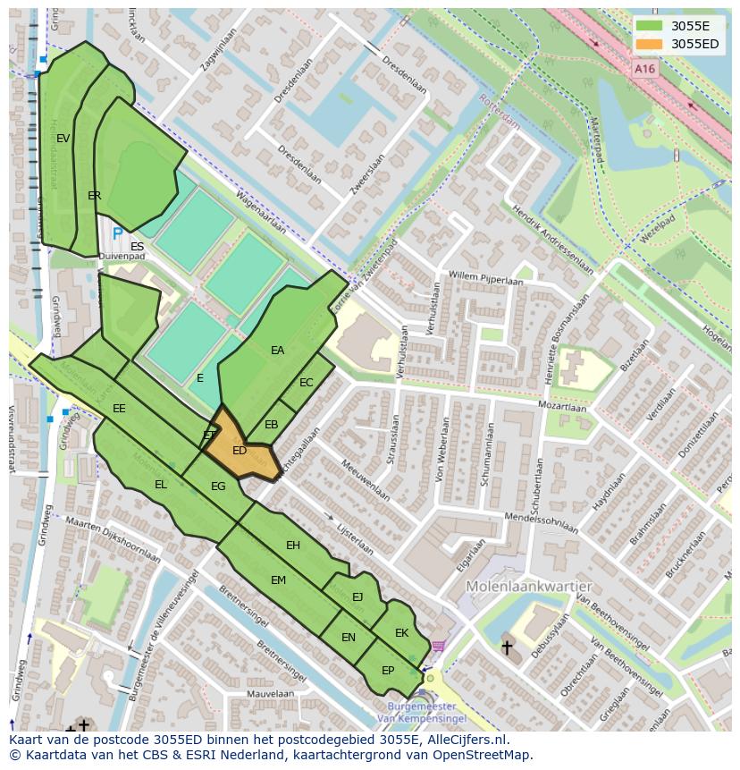 Afbeelding van het postcodegebied 3055 ED op de kaart.