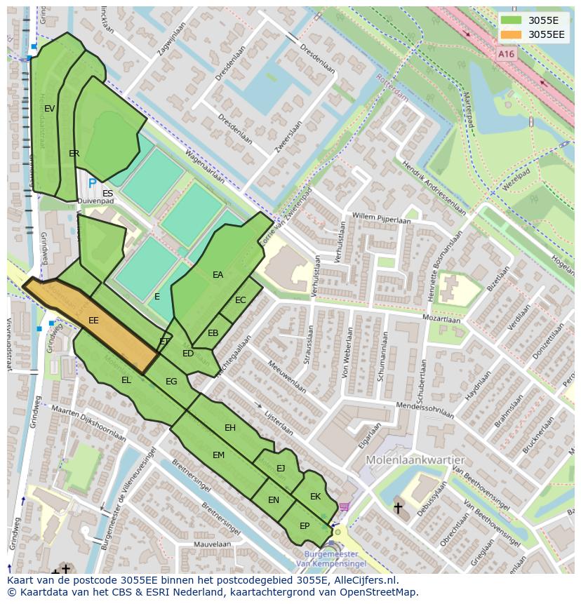 Afbeelding van het postcodegebied 3055 EE op de kaart.