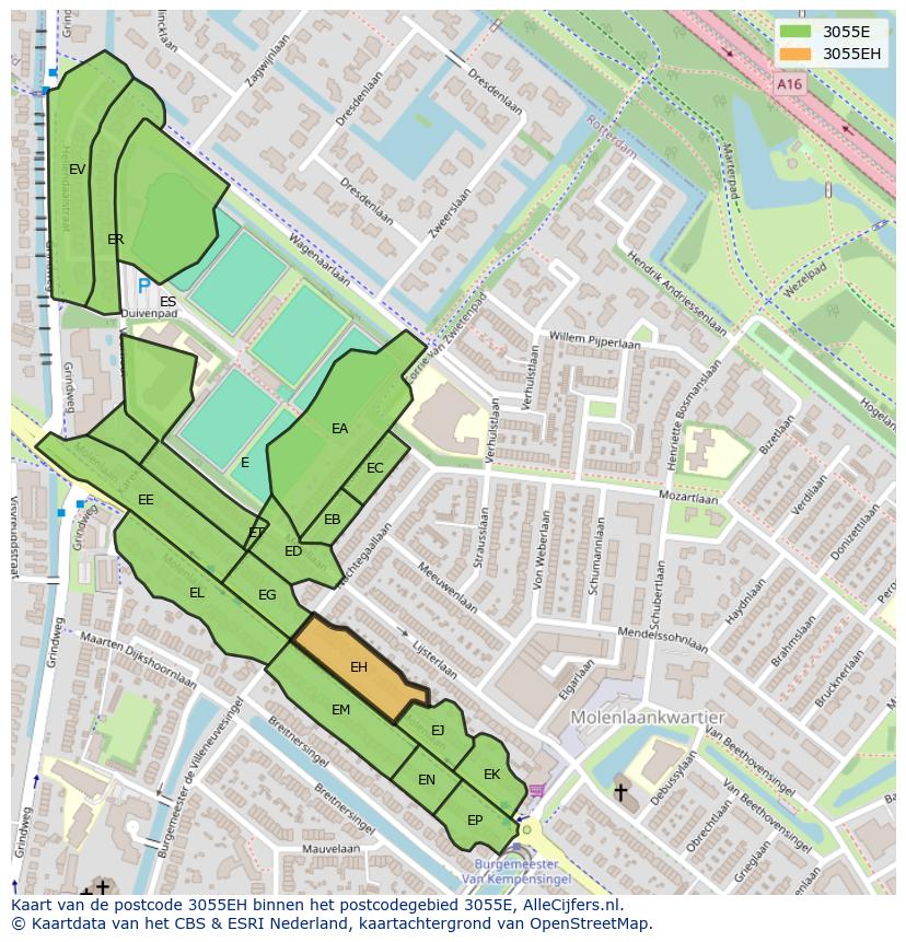 Afbeelding van het postcodegebied 3055 EH op de kaart.