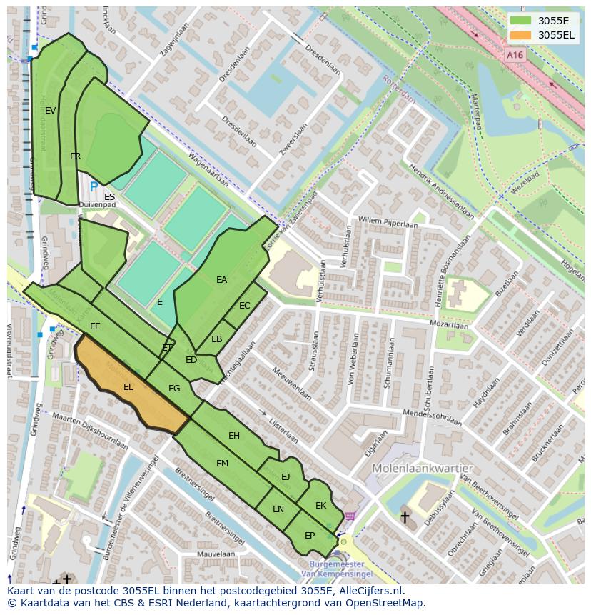 Afbeelding van het postcodegebied 3055 EL op de kaart.