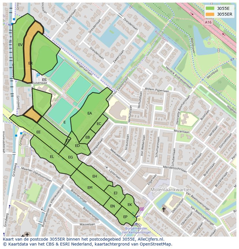 Afbeelding van het postcodegebied 3055 ER op de kaart.