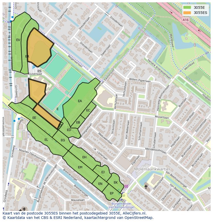 Afbeelding van het postcodegebied 3055 ES op de kaart.