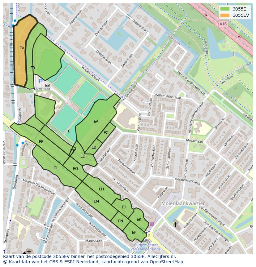 Afbeelding van het postcodegebied 3055 EV op de kaart.