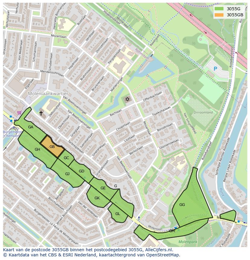 Afbeelding van het postcodegebied 3055 GB op de kaart.