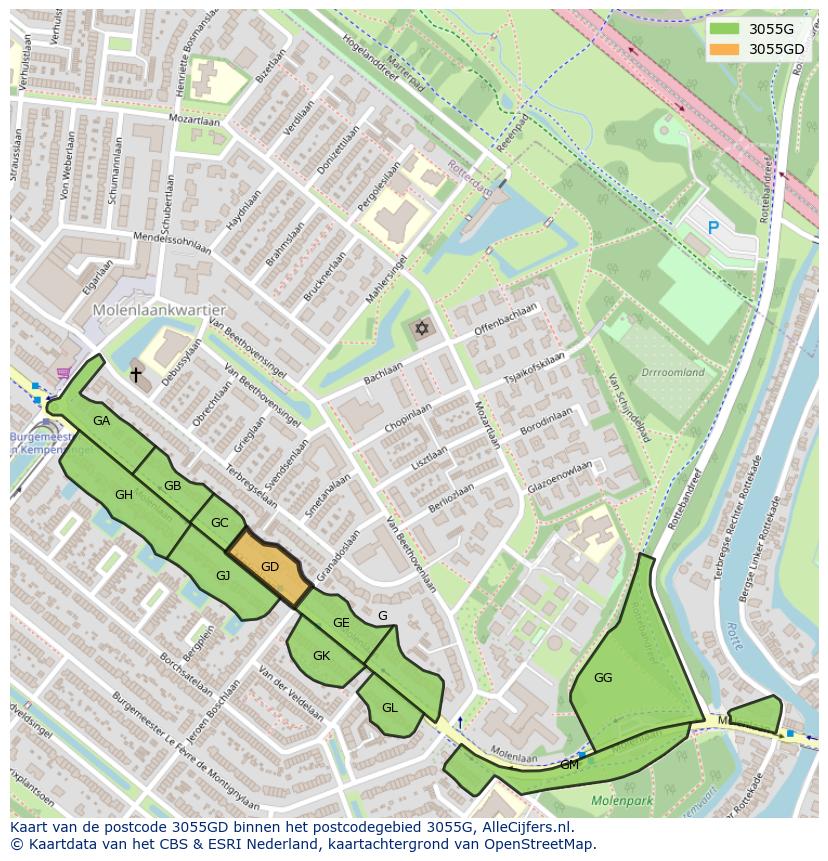 Afbeelding van het postcodegebied 3055 GD op de kaart.