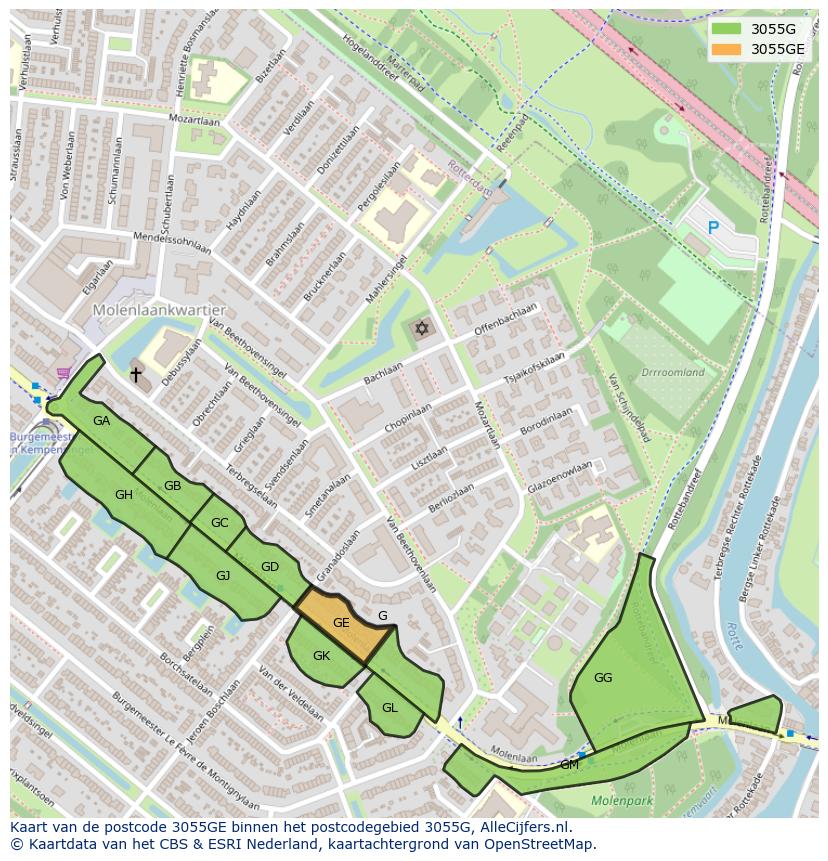 Afbeelding van het postcodegebied 3055 GE op de kaart.