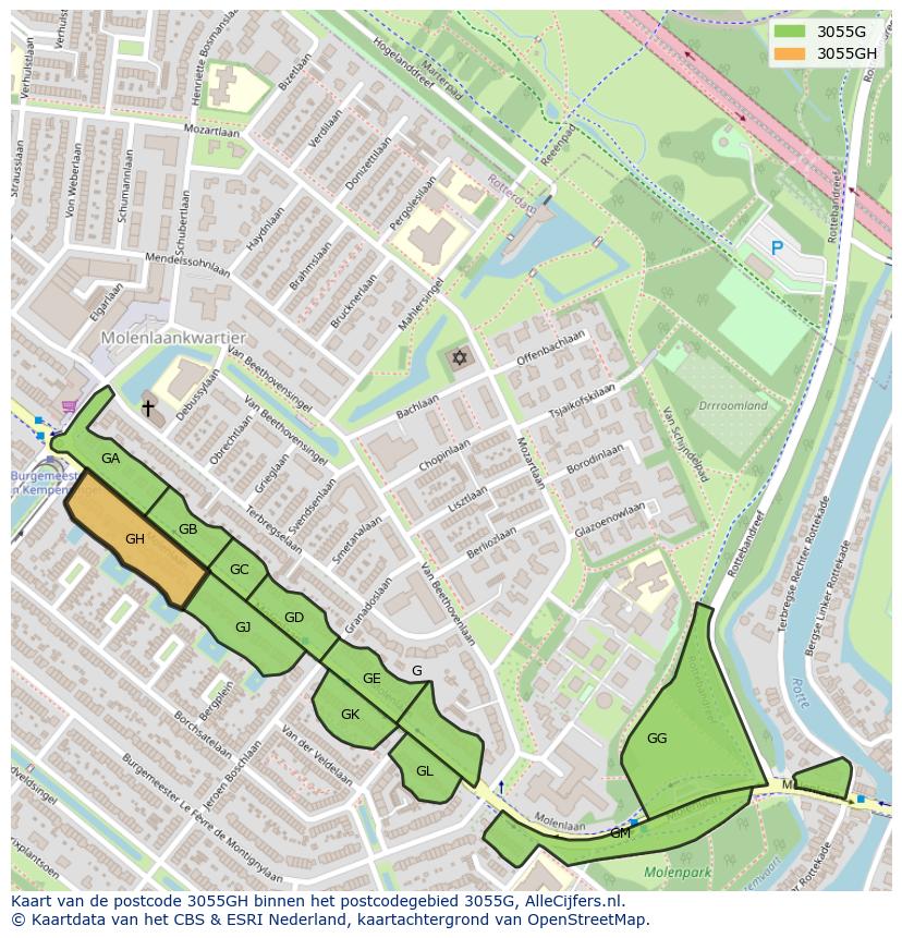 Afbeelding van het postcodegebied 3055 GH op de kaart.