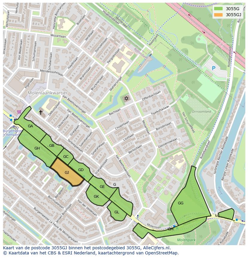 Afbeelding van het postcodegebied 3055 GJ op de kaart.