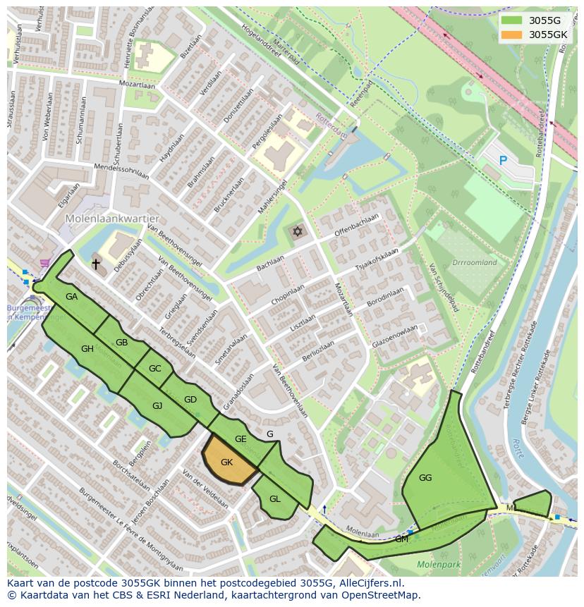 Afbeelding van het postcodegebied 3055 GK op de kaart.