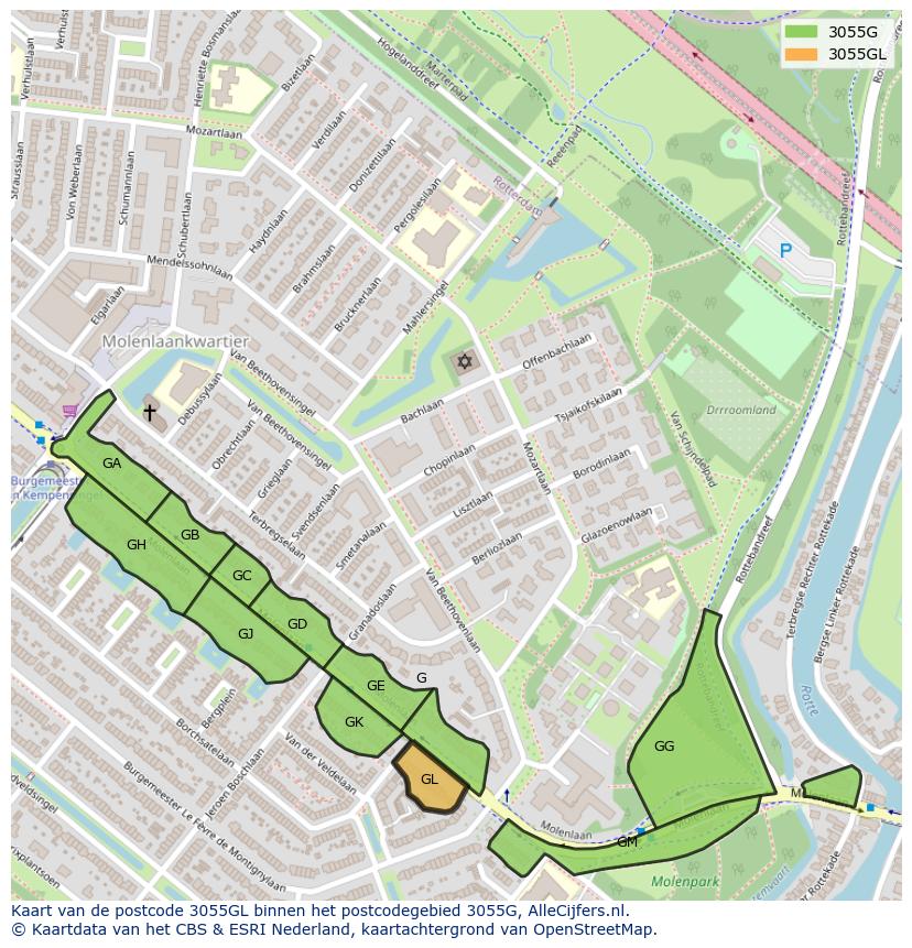 Afbeelding van het postcodegebied 3055 GL op de kaart.