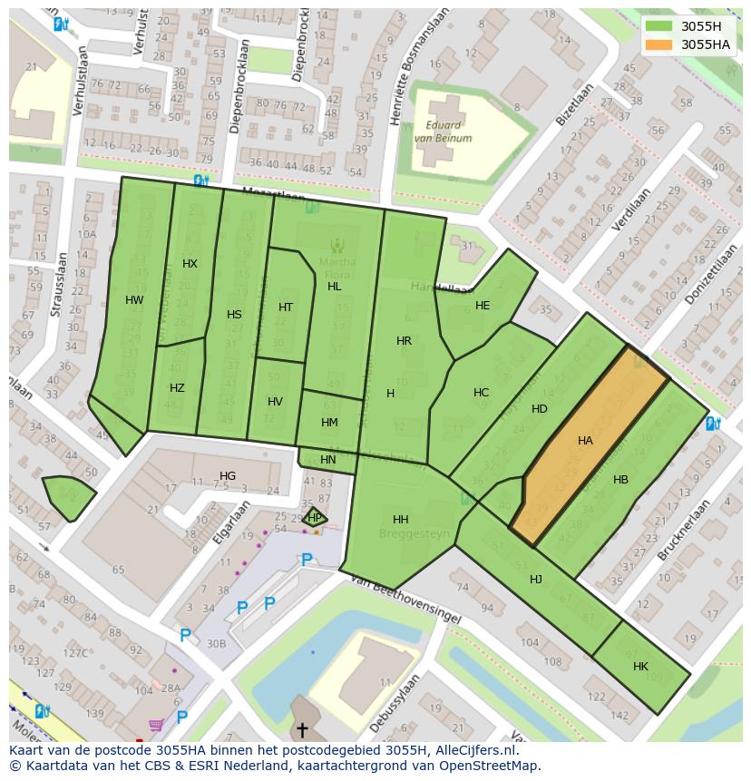 Afbeelding van het postcodegebied 3055 HA op de kaart.