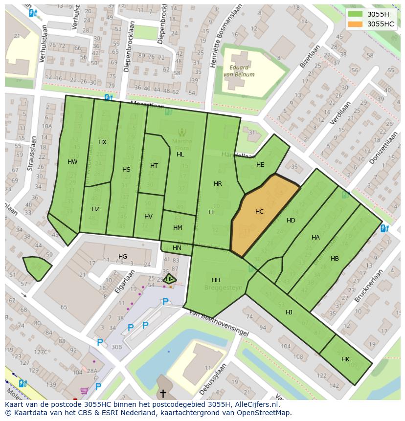 Afbeelding van het postcodegebied 3055 HC op de kaart.
