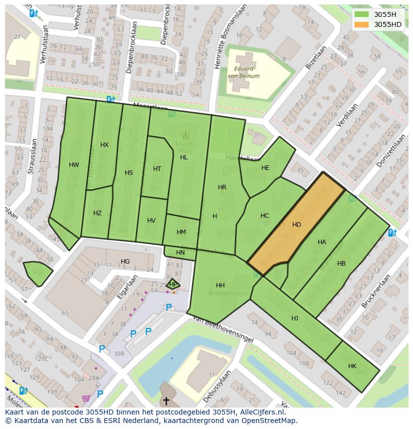 Afbeelding van het postcodegebied 3055 HD op de kaart.