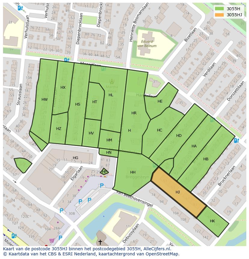 Afbeelding van het postcodegebied 3055 HJ op de kaart.