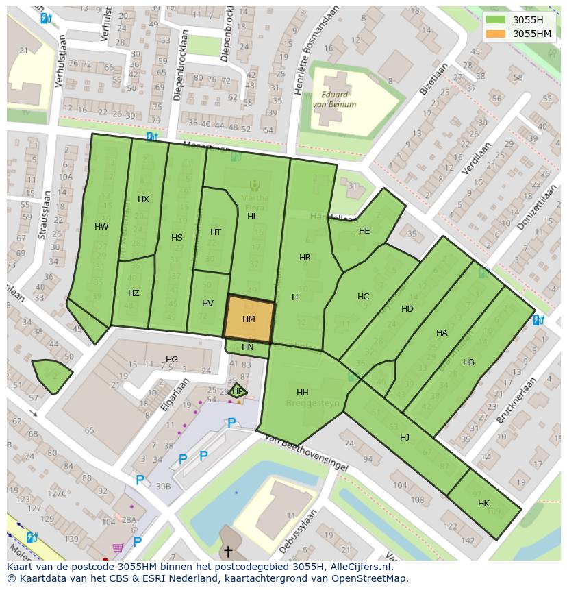 Afbeelding van het postcodegebied 3055 HM op de kaart.