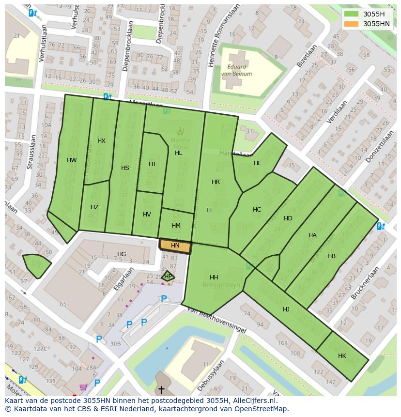 Afbeelding van het postcodegebied 3055 HN op de kaart.