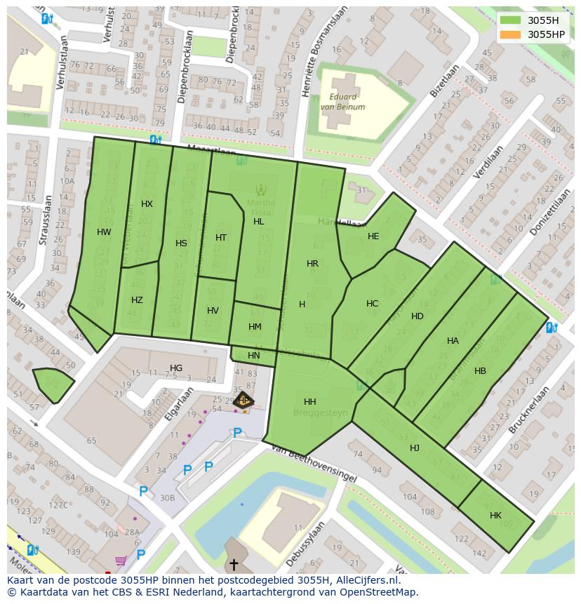 Afbeelding van het postcodegebied 3055 HP op de kaart.