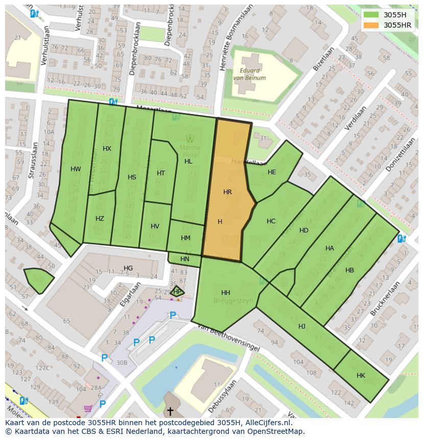 Afbeelding van het postcodegebied 3055 HR op de kaart.