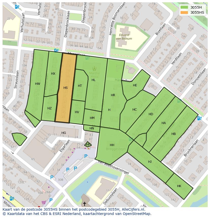 Afbeelding van het postcodegebied 3055 HS op de kaart.