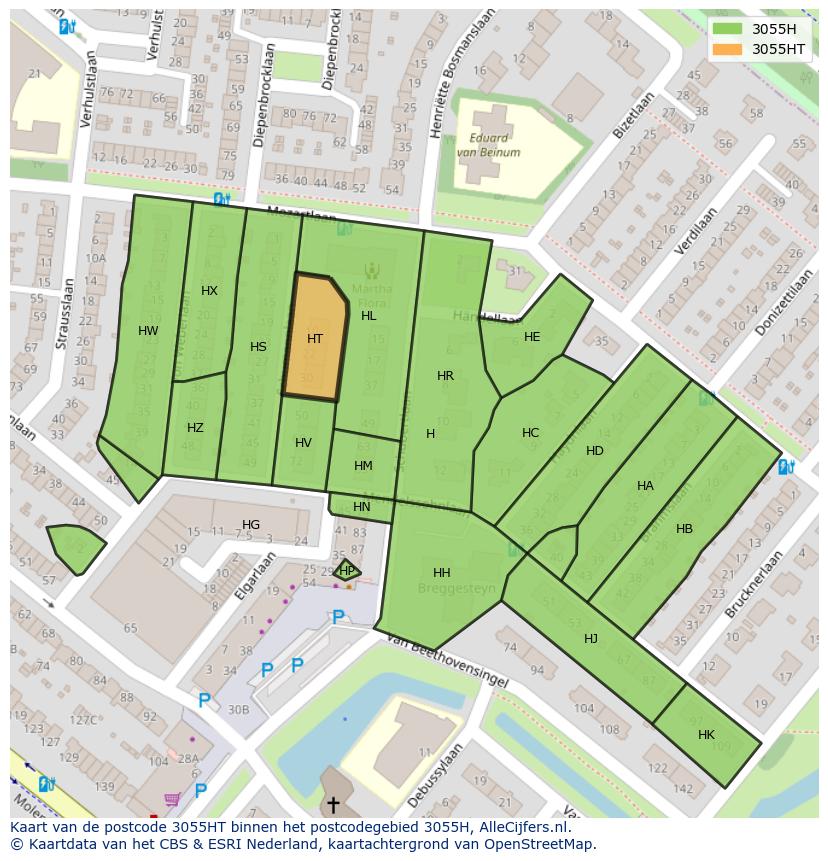 Afbeelding van het postcodegebied 3055 HT op de kaart.