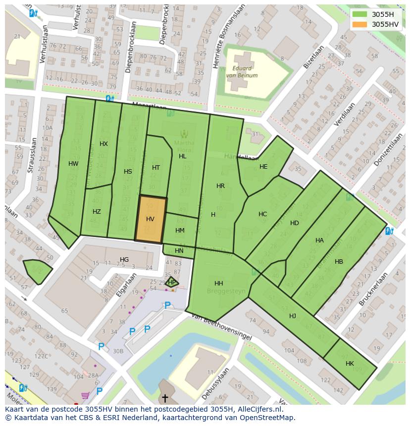 Afbeelding van het postcodegebied 3055 HV op de kaart.