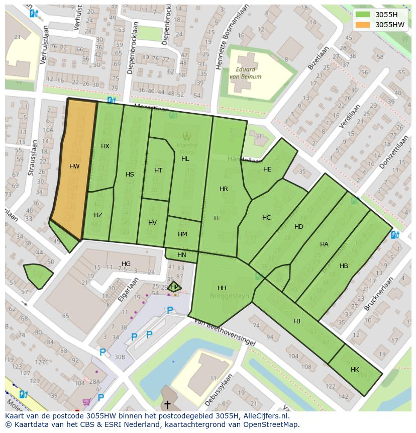 Afbeelding van het postcodegebied 3055 HW op de kaart.