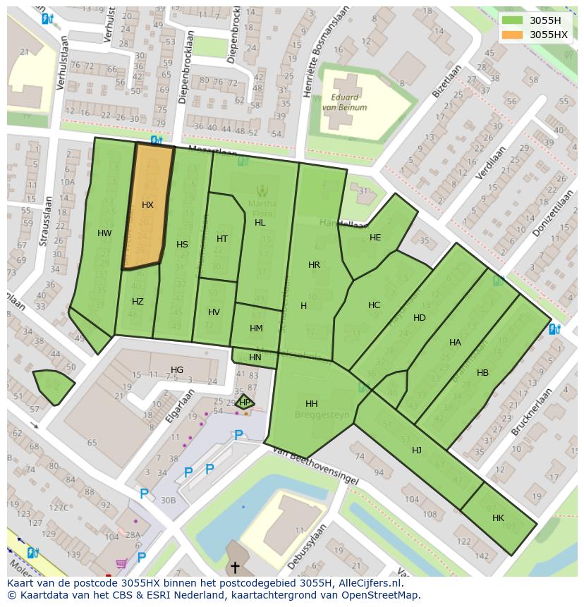 Afbeelding van het postcodegebied 3055 HX op de kaart.