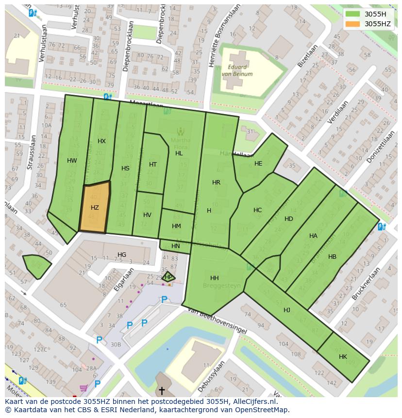 Afbeelding van het postcodegebied 3055 HZ op de kaart.
