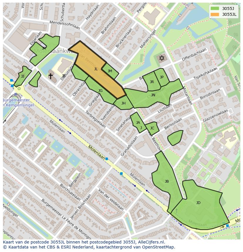 Afbeelding van het postcodegebied 3055 JL op de kaart.