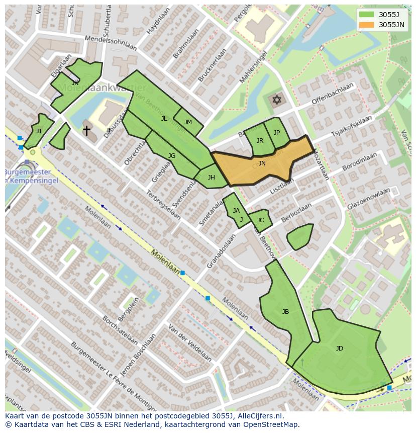 Afbeelding van het postcodegebied 3055 JN op de kaart.
